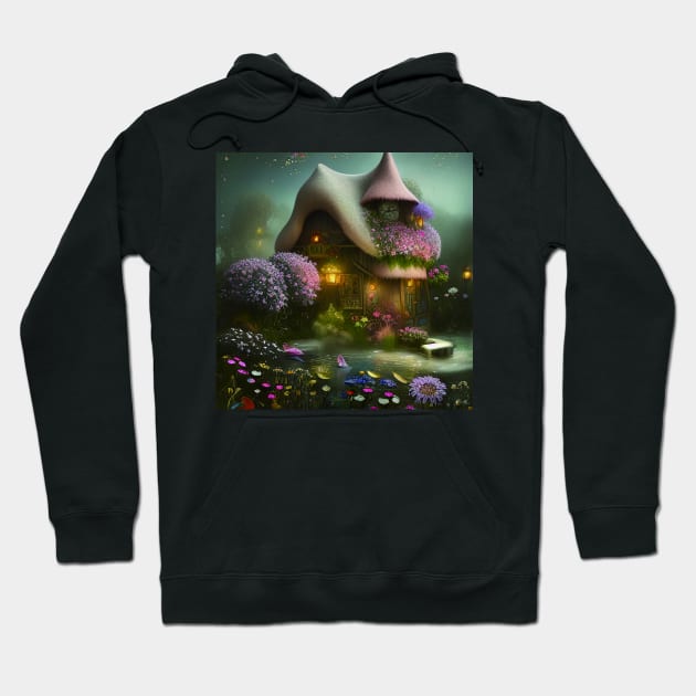 Sparkling Fantasy Cottage with Lights and Glitter Background in Forest, Scenery Nature Hoodie by Promen Art